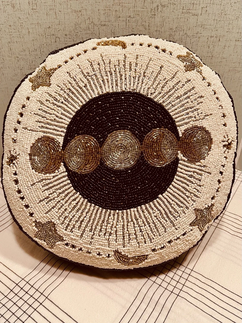 Round FULLY BEADED Moon Phase Pillow in Black, White & Gold CELESTIAL DECOR